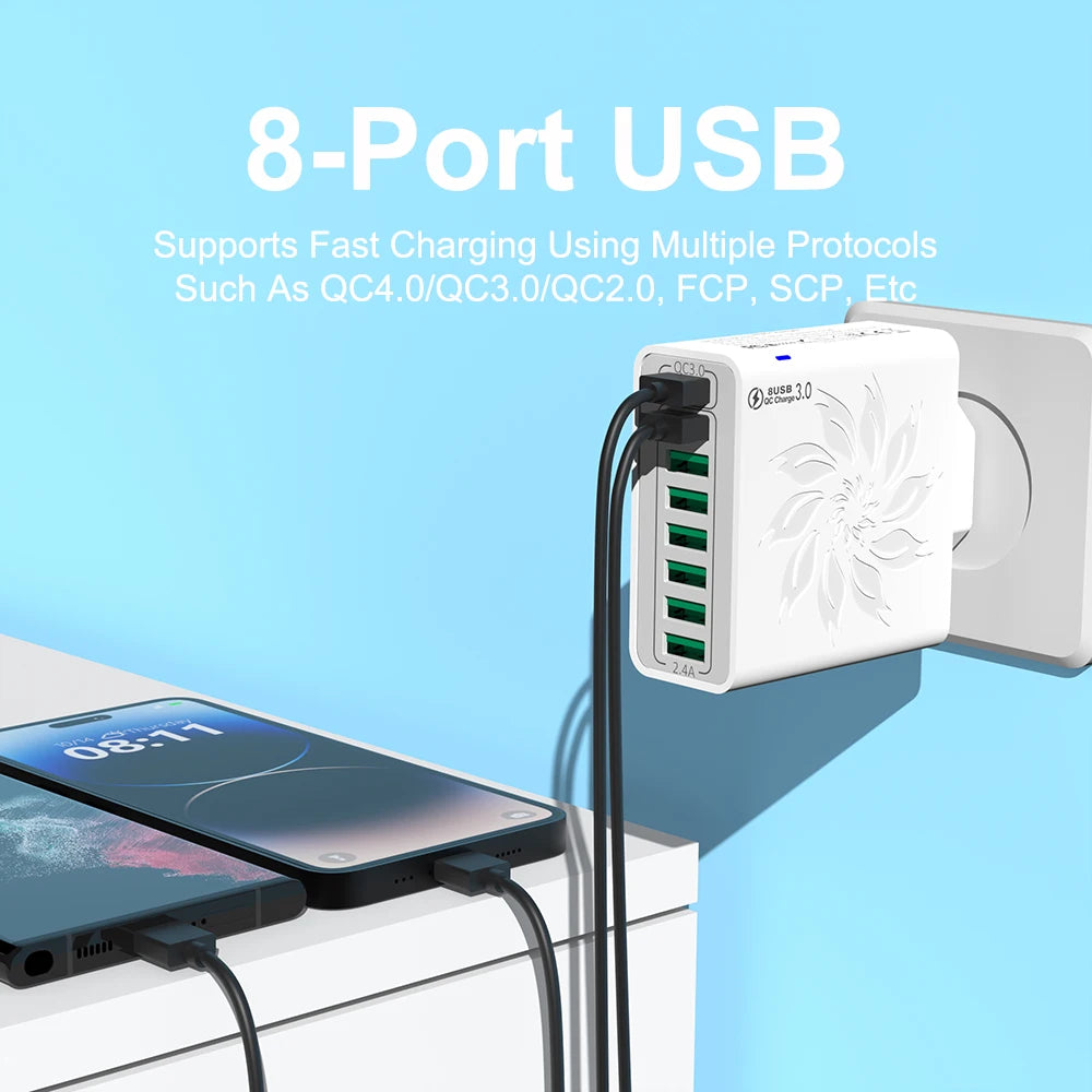 8 Ports USB Charger QC 5.0 Fast Charging EU US KR Plug 65W F