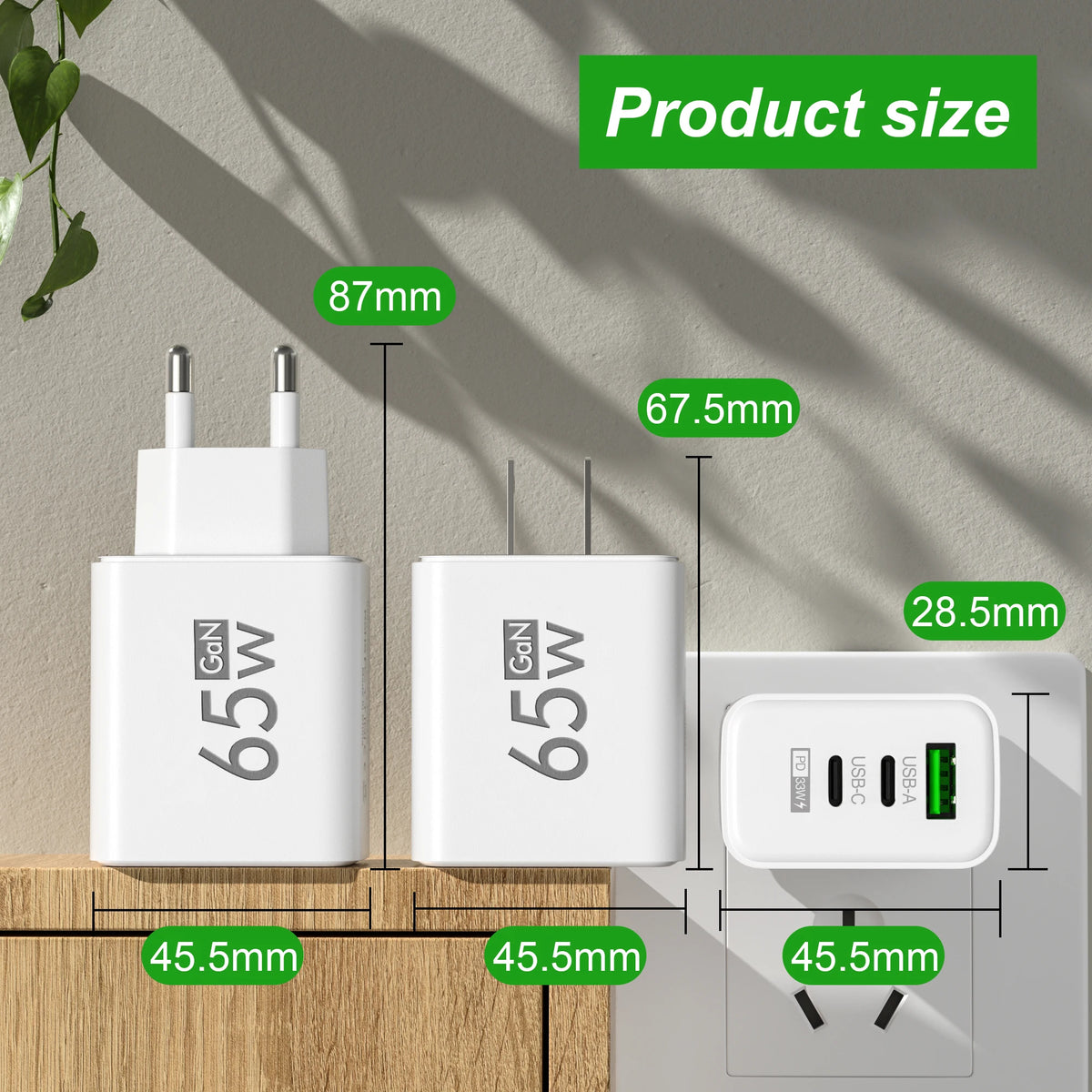 65W USB C GaN Charger 3 Ports Fast Charging Adapter 10A USB 