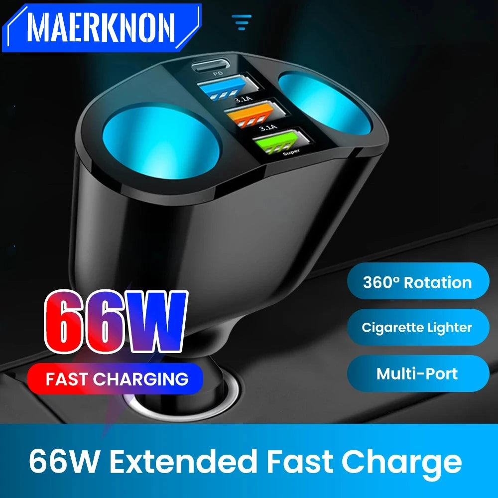 66W 4 Ports Car Charger Fast Charging USB Type C Car Phone C