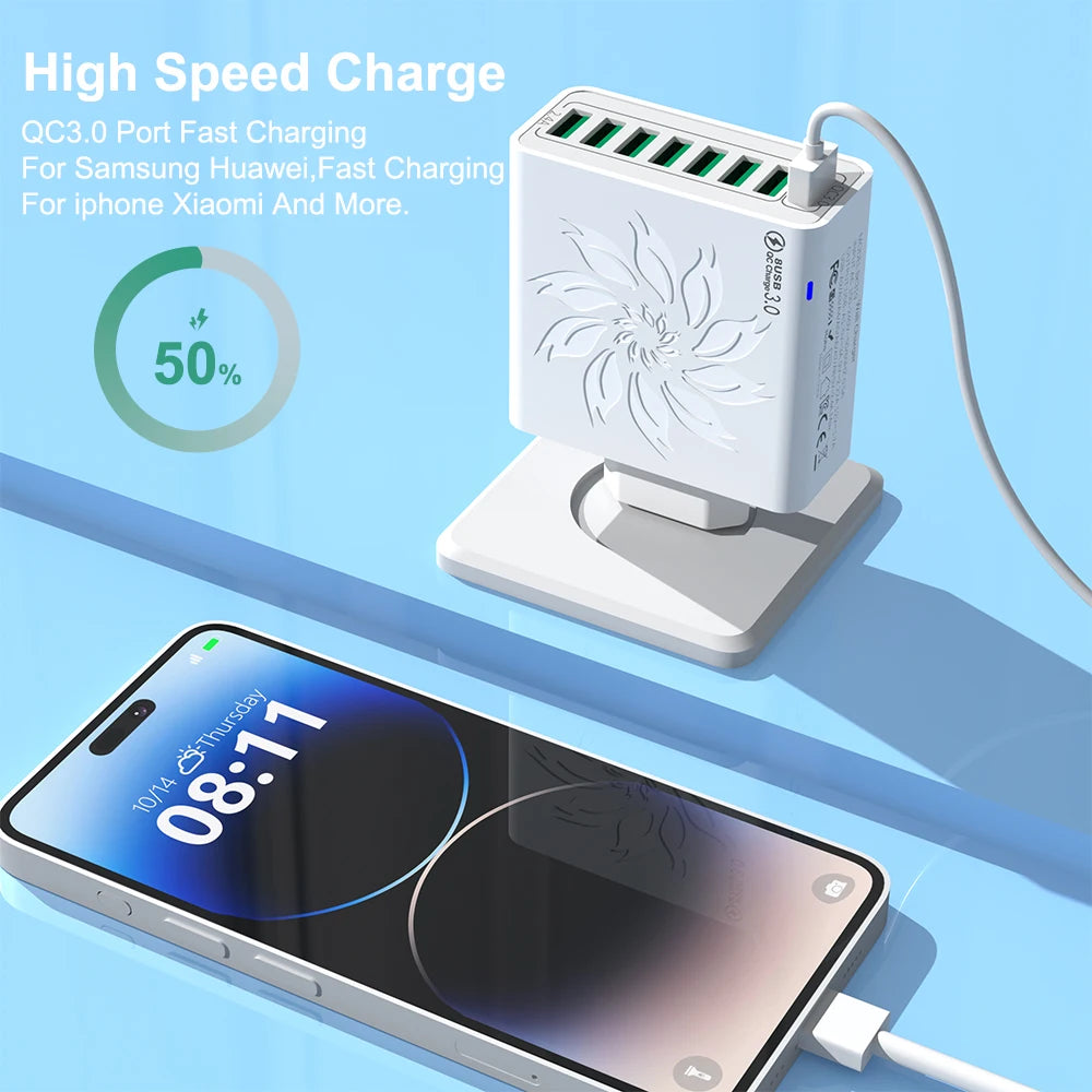 8 in 1 USB QC 5.0 Charger Fast Charging EU/US/KR Plug 65W Qu