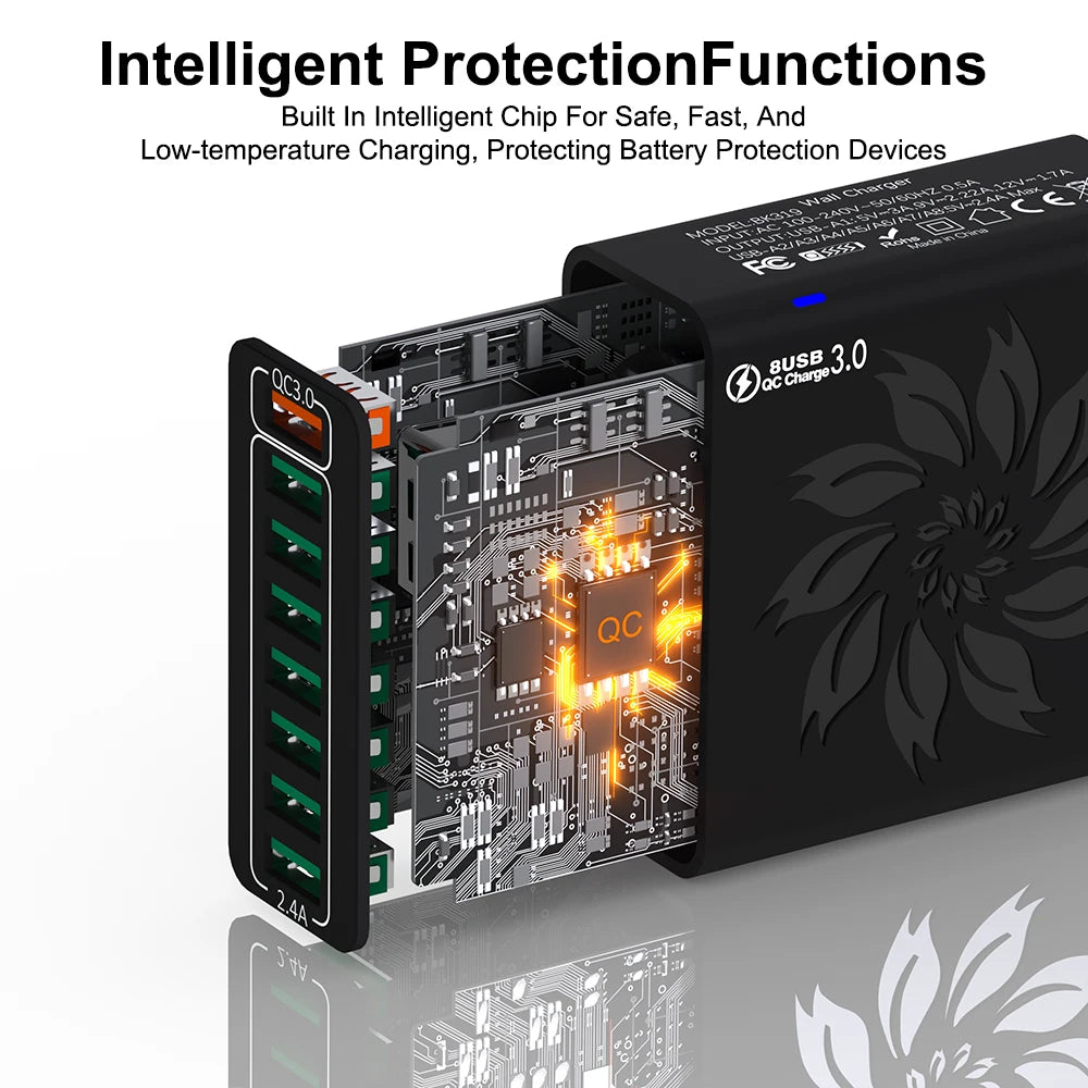 8 Ports USB Charger QC 5.0 Fast Charging EU US KR Plug 65W F