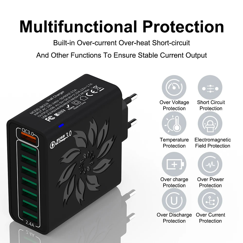 8 Ports USB Charger QC 5.0 Fast Charging EU US KR Plug 65W F