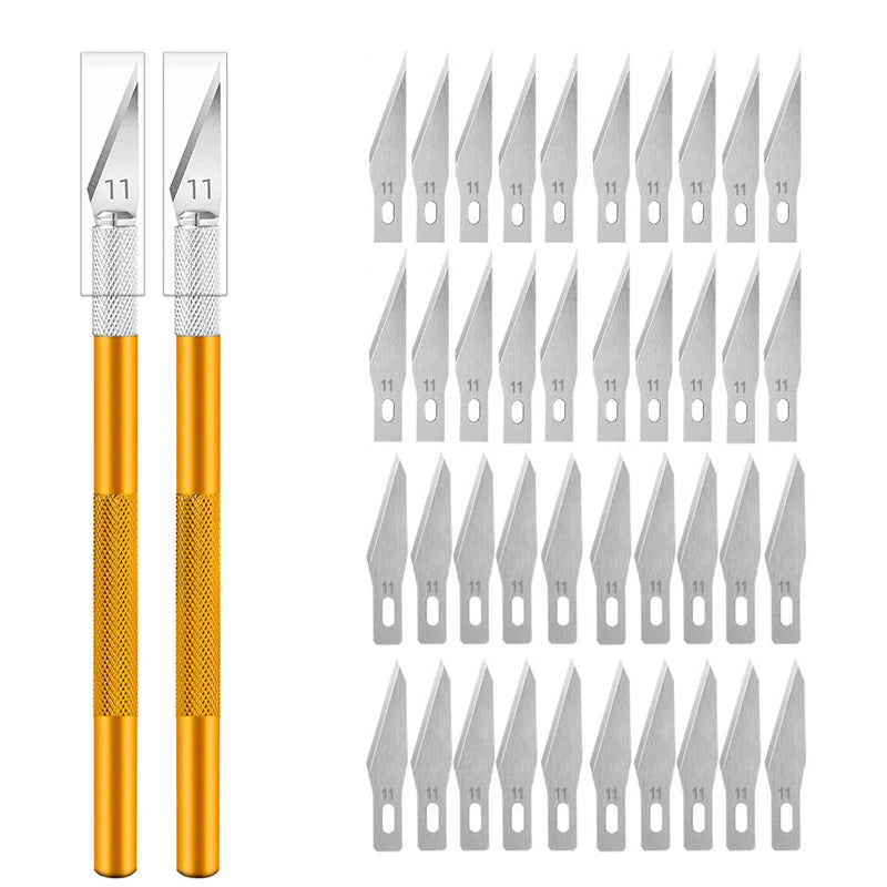 Engraving Non-Slip Metal Knife Kit + 40/10pcs 11 Blades Cutter Craft Knives for Mobile Phone PCB Repair Hand Tools