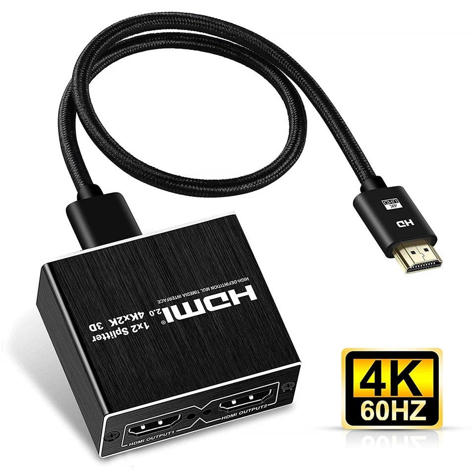 1x2 4K 60Hz HDMI-compatible Splitter 1 in 2 Out Video Distributor Amplifier Dual Display for Box PC Monitor Projector Laptop