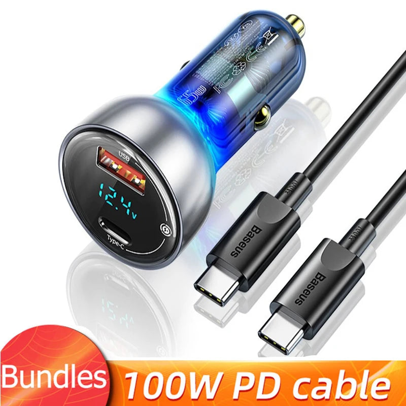 Baseus 65W PD Car Charger QC 4.0 QC 3.0 LED Display Type-C Fast Quick Charger For iPhone 16 15 Xiaomi Samsung USB Phone Charger