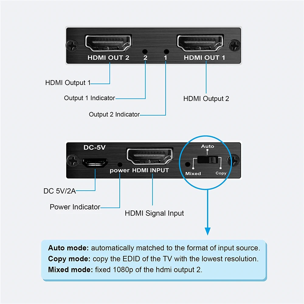 1x2 4K 60Hz HDMI-compatible Splitter 1 in 2 Out Video Distri