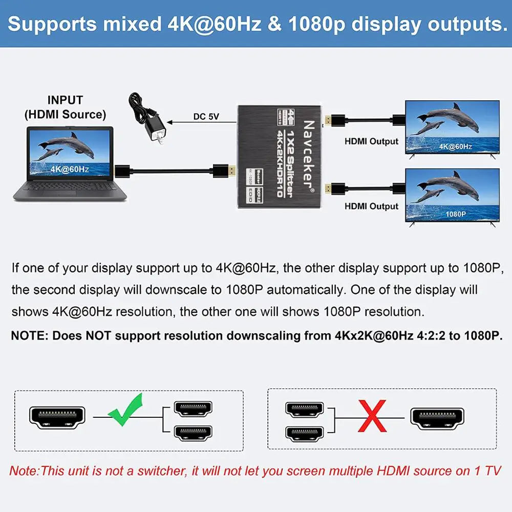 1x2 4K 60Hz HDMI-compatible Splitter 1 in 2 Out Video Distri
