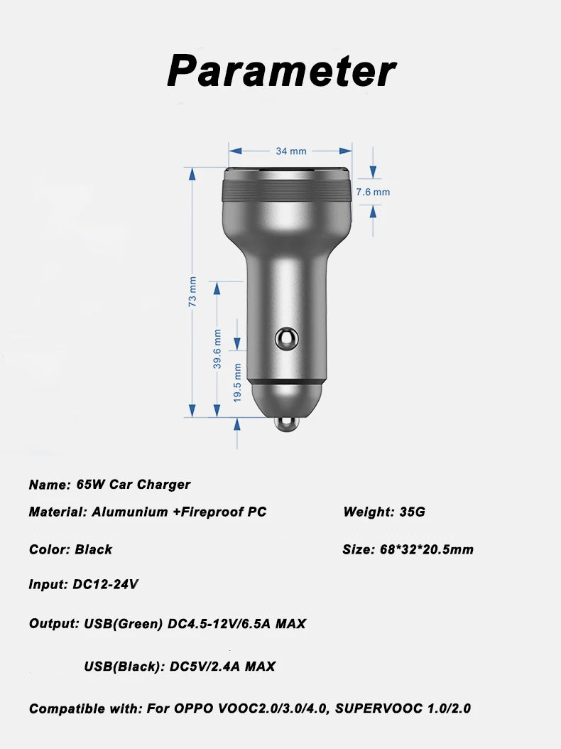 65W SUPERVOOC 2.0 Car Charger Fast Car Charging 6.5A Type-C 