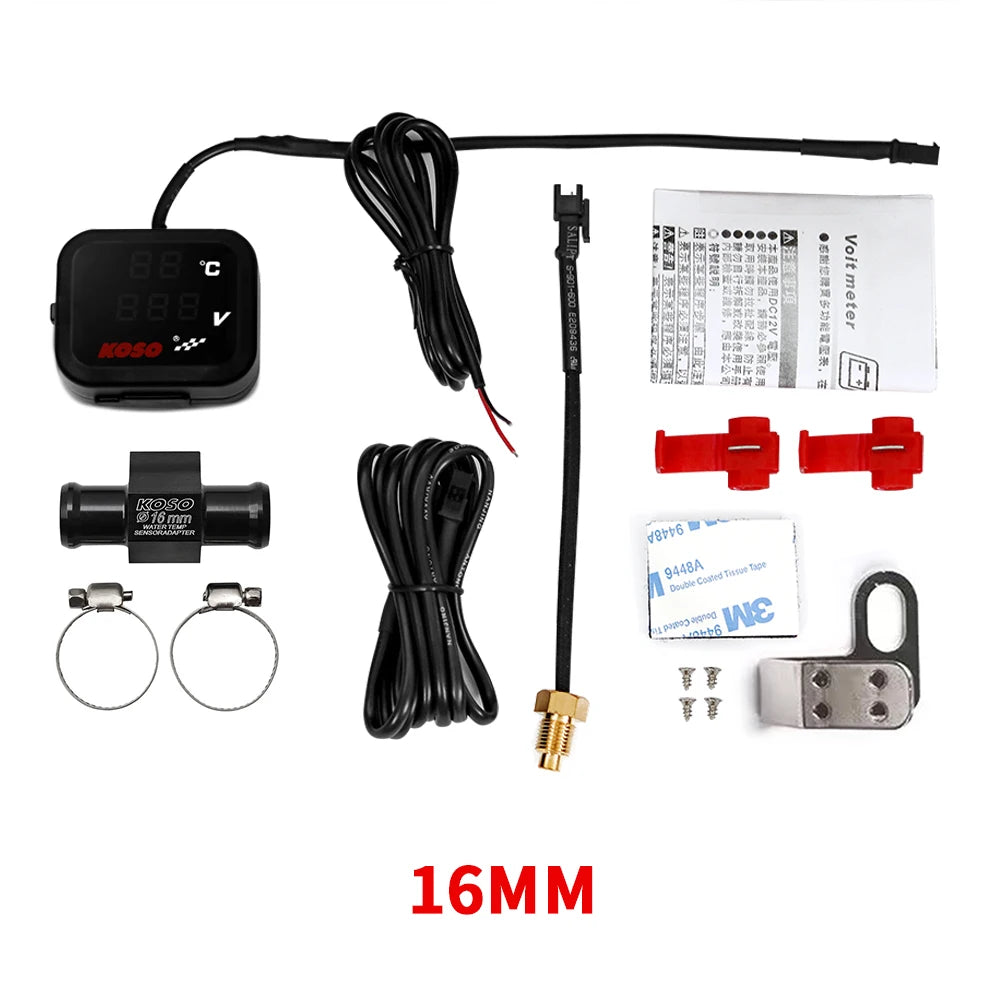 KOSO Water Temp Meter Voltmeter Gauge Motorcycle Phone USB Charger Charging 3 in 1 Waterproof LCD Digital Display