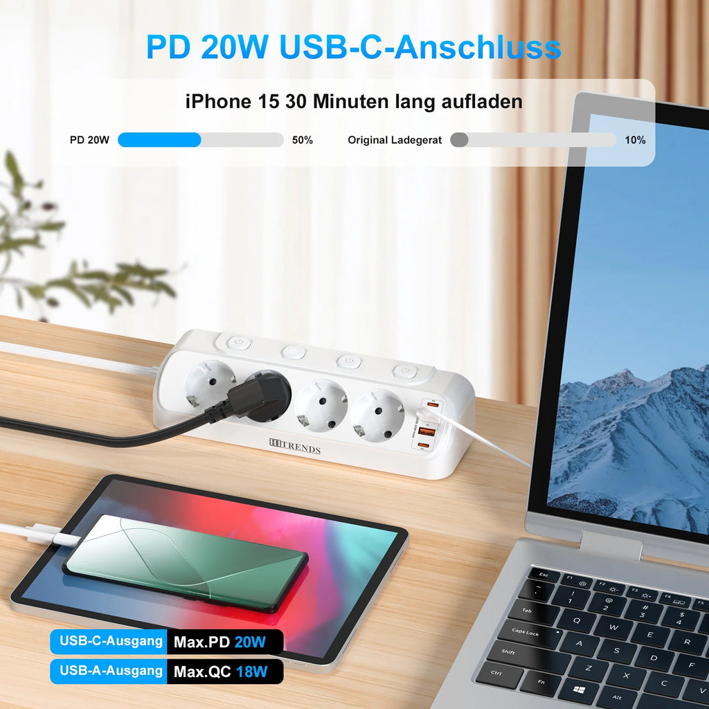 Eu Plug Multi-Function Power Board 2 USB-A and 2 USB-C Fast 