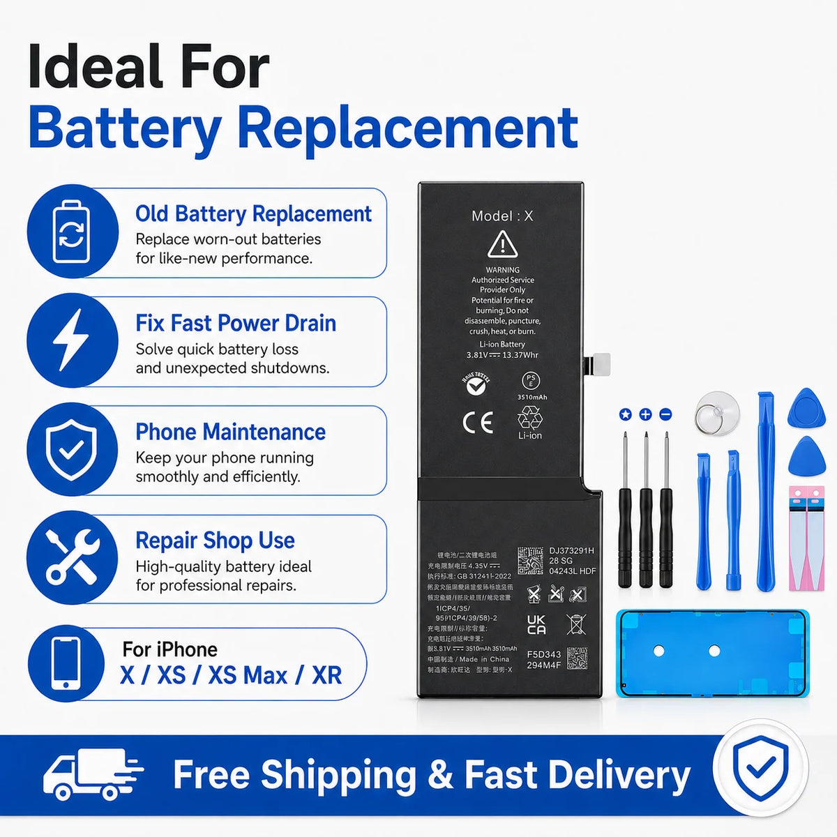 For iPhone X XS XR XS Max Replacement Battery Rechargeable L
