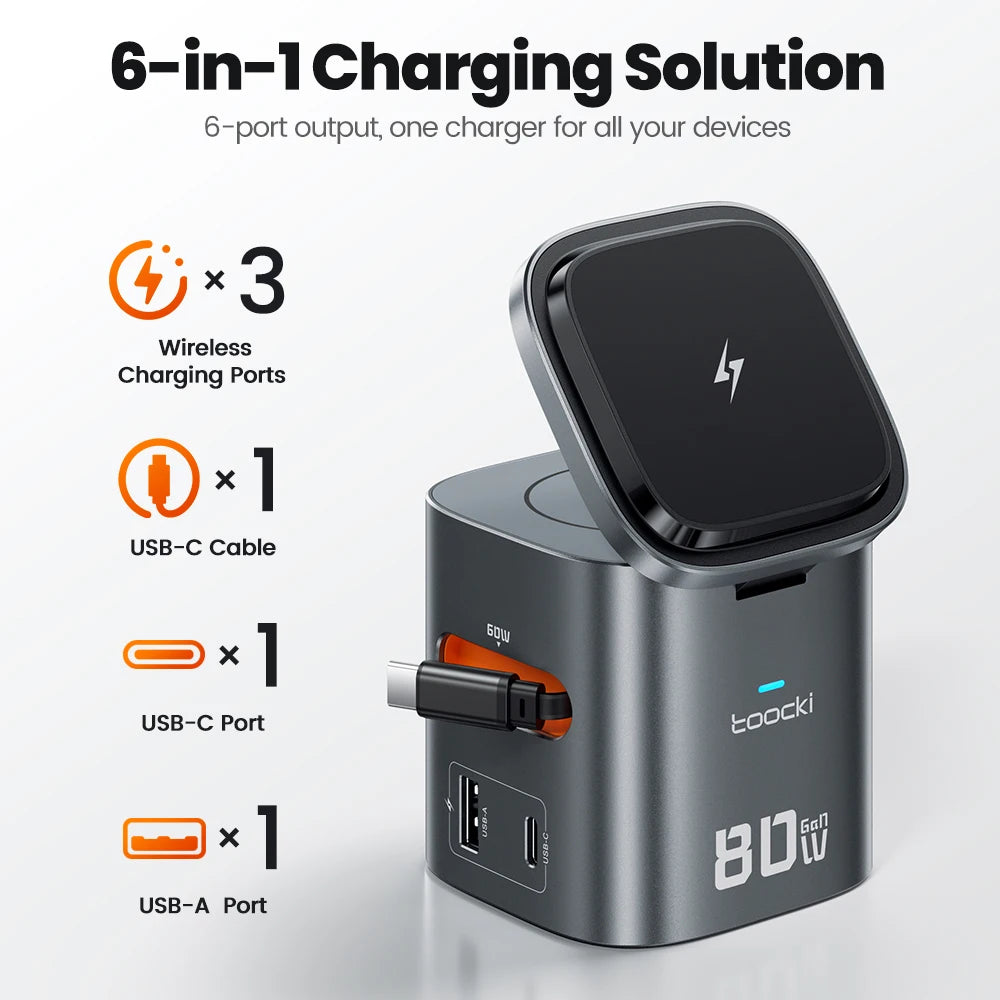 Toocki 6-in-1 80W GaN Charging Station Magnrtic Wireless Typ