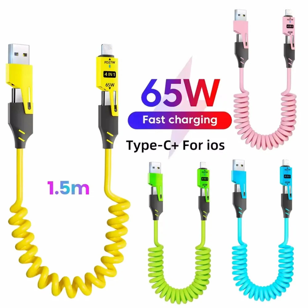 65W Spring 4 in 1 Data Cable 6A Quick Charger Wire Spring US