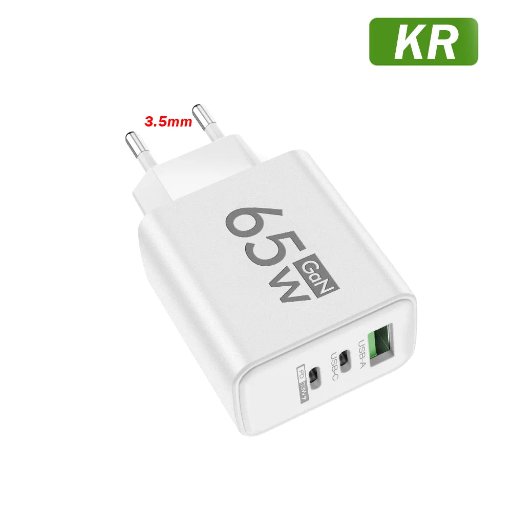 GAN Fast Charging Total 65W USB EU/US/KR Plug PD Fast charging head is suitable for Xiaomi Huawei Samsung mobile phone charger