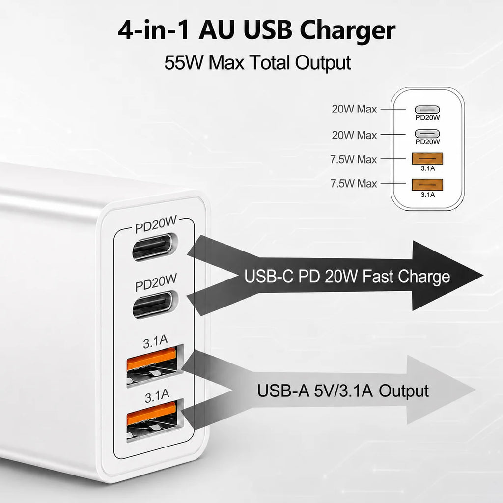 AU Plug 55W USB C Fast Charger 4 Port PD20W QC3.0 Wall Charg