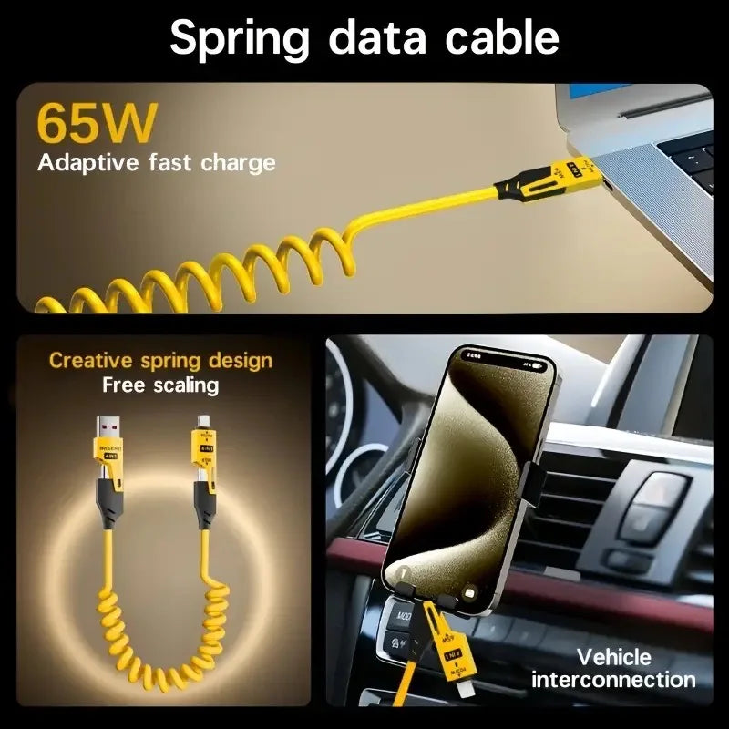 4 in 1 65W Spring Short Data Cable 6A USB Type C Spring Tele