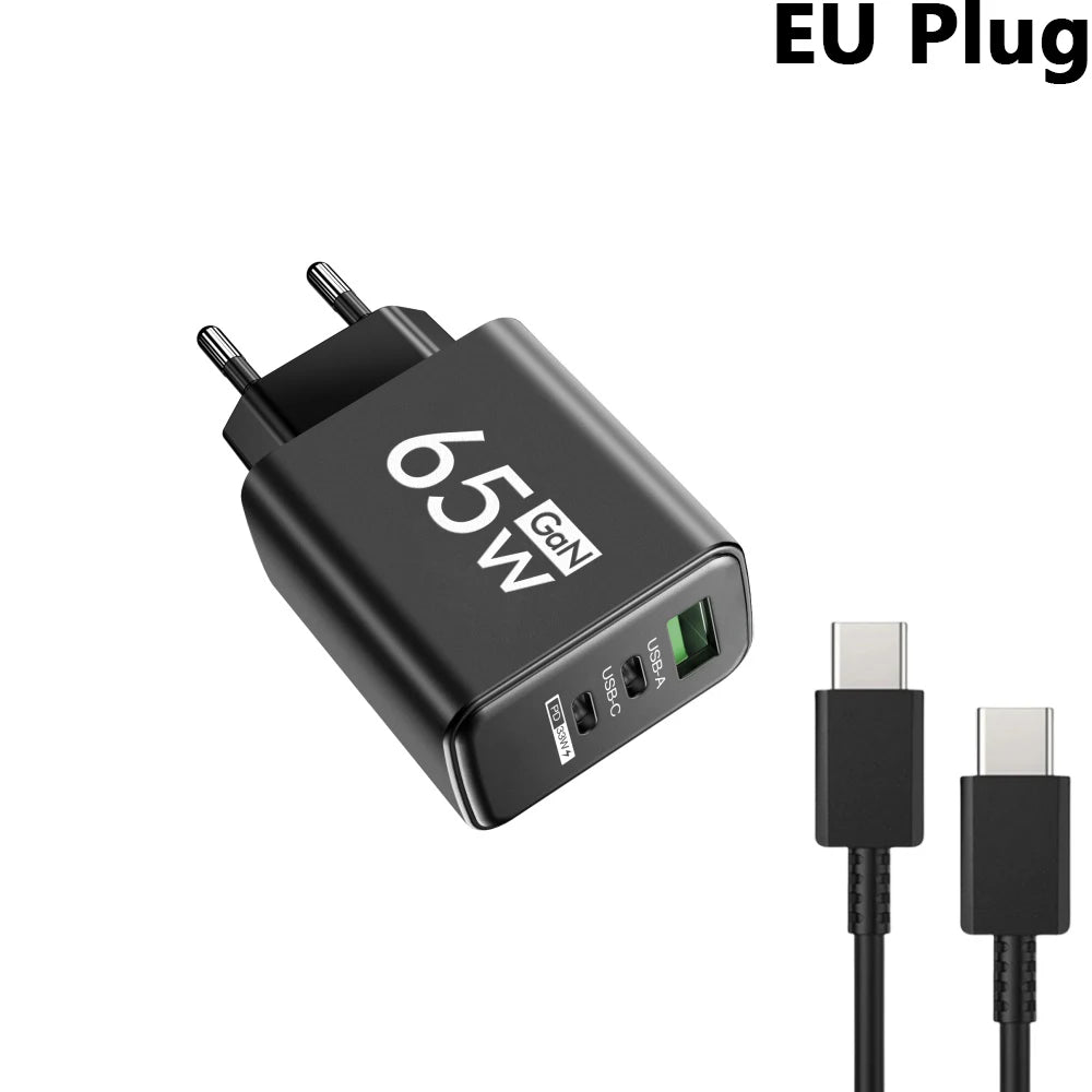 65W GaN USB C PD Fast Charger QC 3.0 Wall Adapter for iPhone 17 16 Pro Max Samsung Xiaomi Huawei EU US KR Plug Quick Charge 3.0