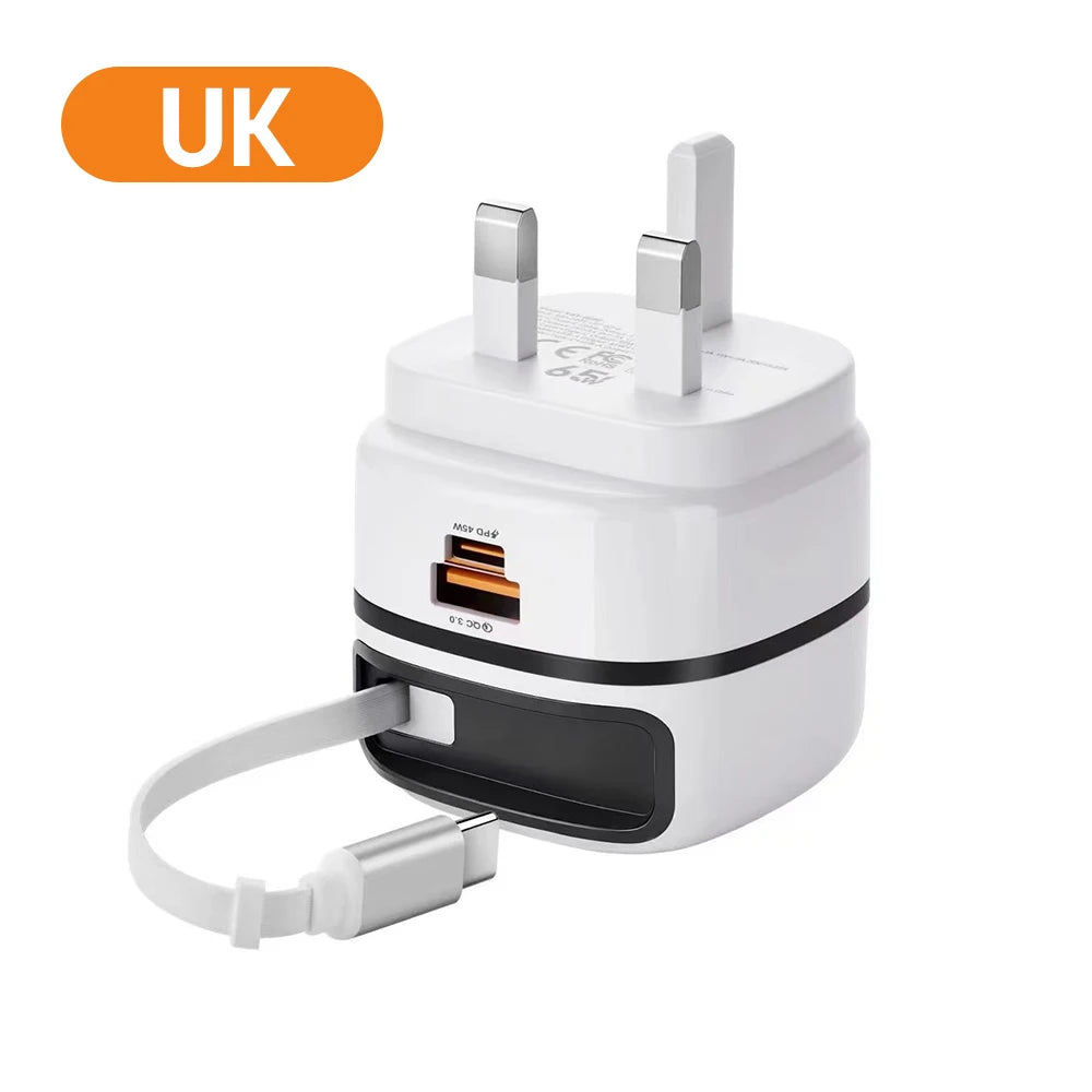 Elough 65W USB Type C Phone Charger Universal Travel Adapter Retractable Fast Charging USB C Cable For iPhone 16 Samsung Laptop