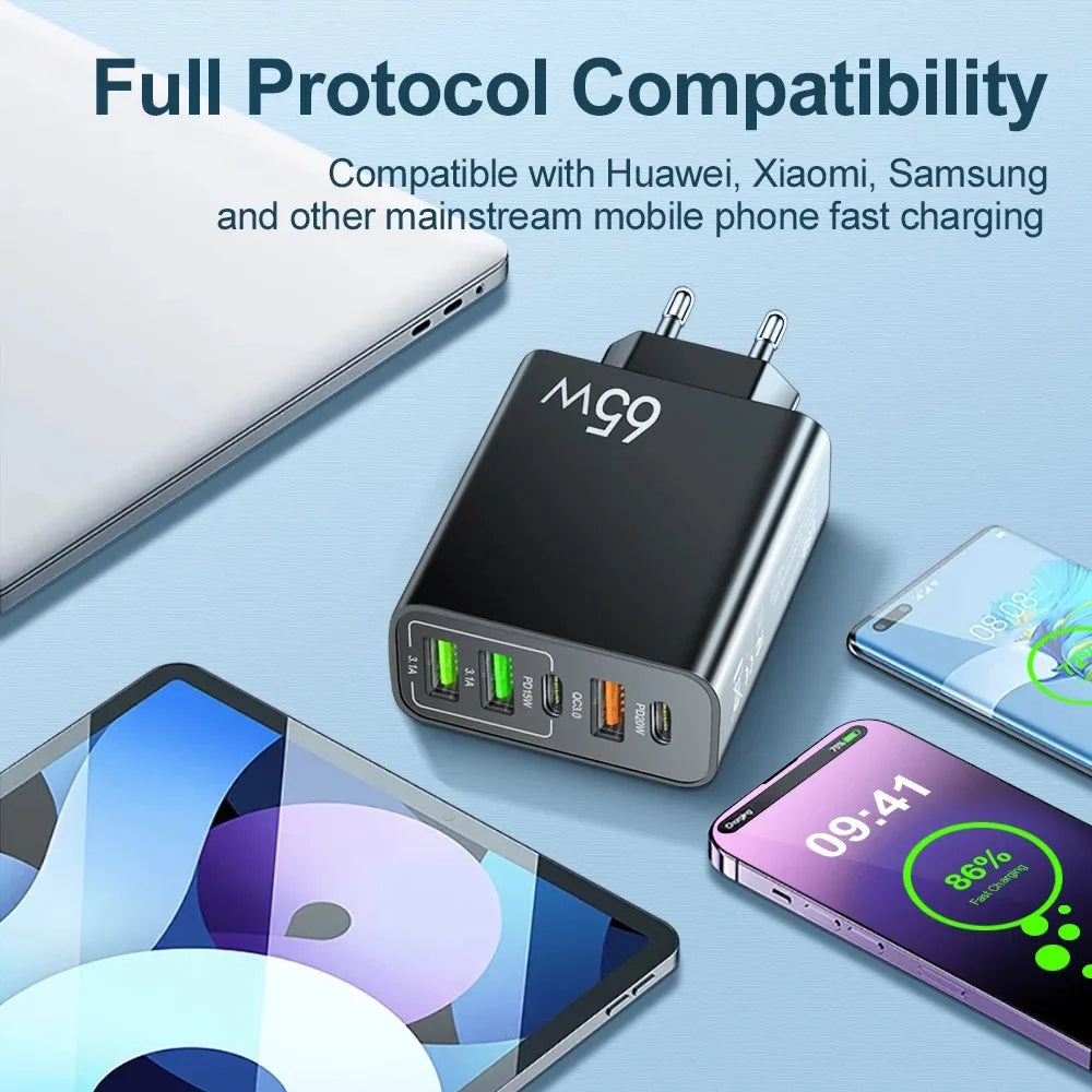 USB Type C Charger Total 65W PD Fast Charging Phone Charger 
