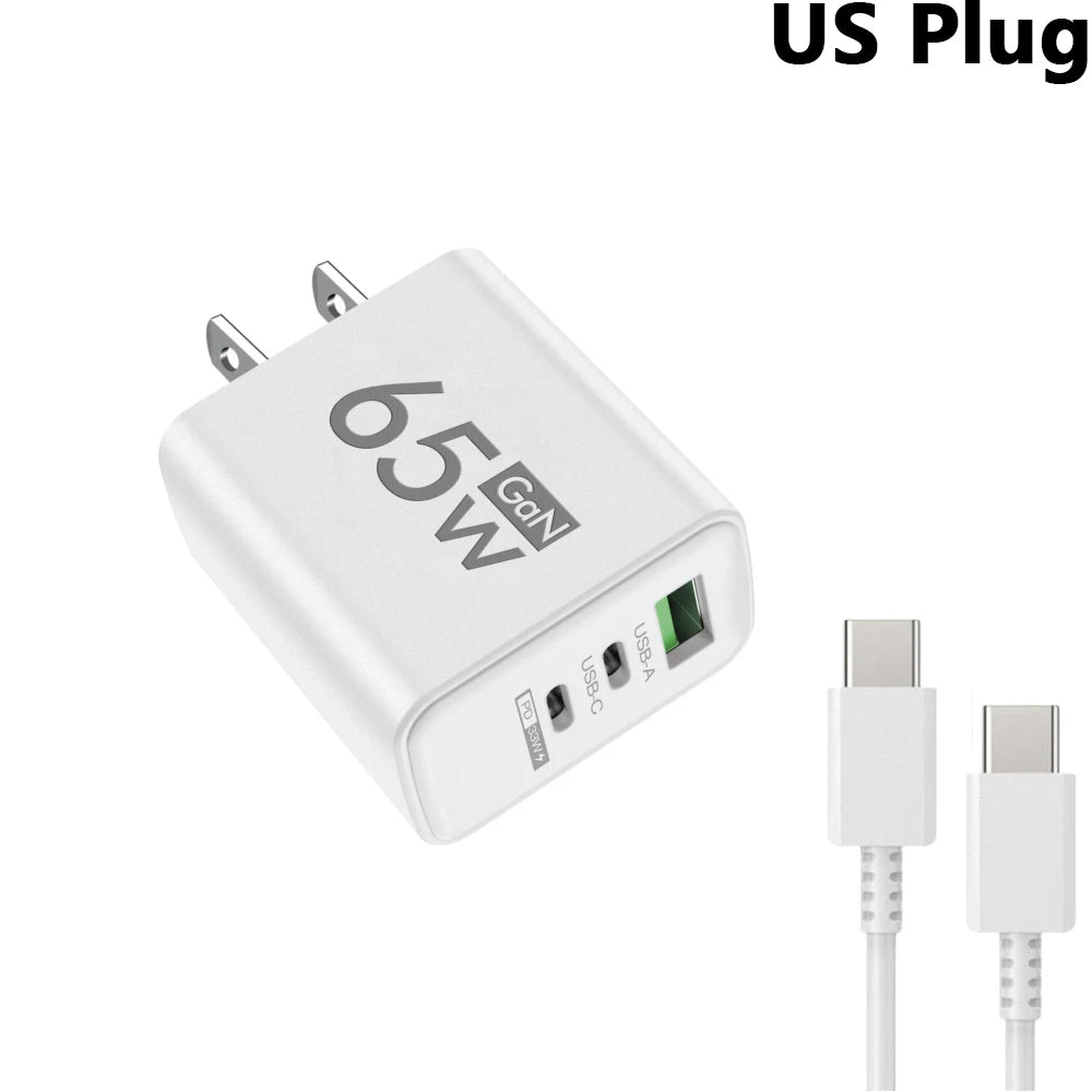 65W GaN USB C PD Fast Charger QC 3.0 Wall Adapter for iPhone 17 16 Pro Max Samsung Xiaomi Huawei EU US KR Plug Quick Charge 3.0