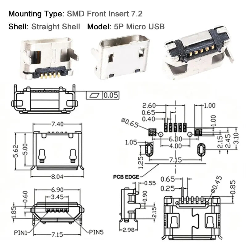 10PCS Micro USB Android Female Charging Socket Flat Edge Crimped Type 5Pin 4 Mounting Pins SMD & DIP Tail Connector