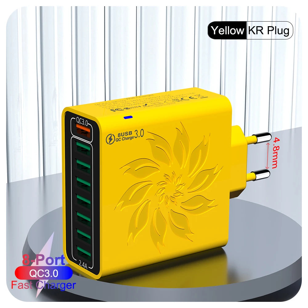 8 Ports USB Charger QC 5.0 Fast Charging EU US KR Plug 65W Fast Charger Power Adapter For iPhone 15 Xiaomi Samsung Wall Charger