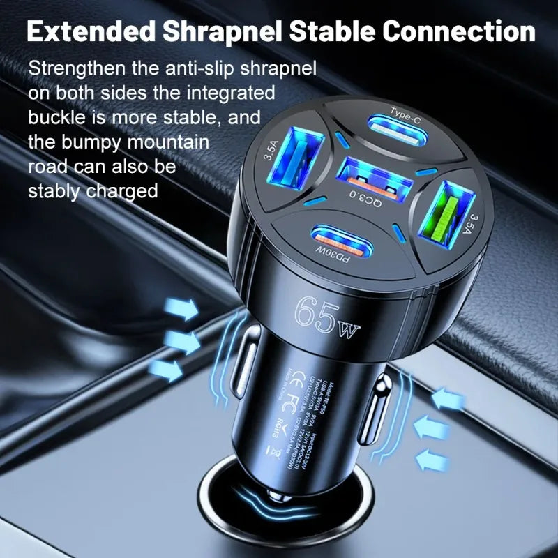 5 Port 65W USB Car Chargers Type C Car Charger Fast Charging