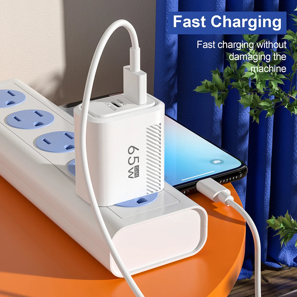 GaN 65W Dual Ports Charger 2 In 1 EU/US Plug USB Type C QC3.