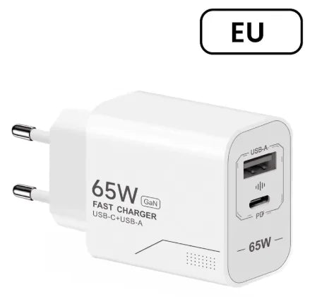 65W USB C GaN Fast Wall Charger PD 3.0 Quick Charge Adapter EU US KR Plug for iPhone 15 Xiaomi Huawei Samsung Smartphone