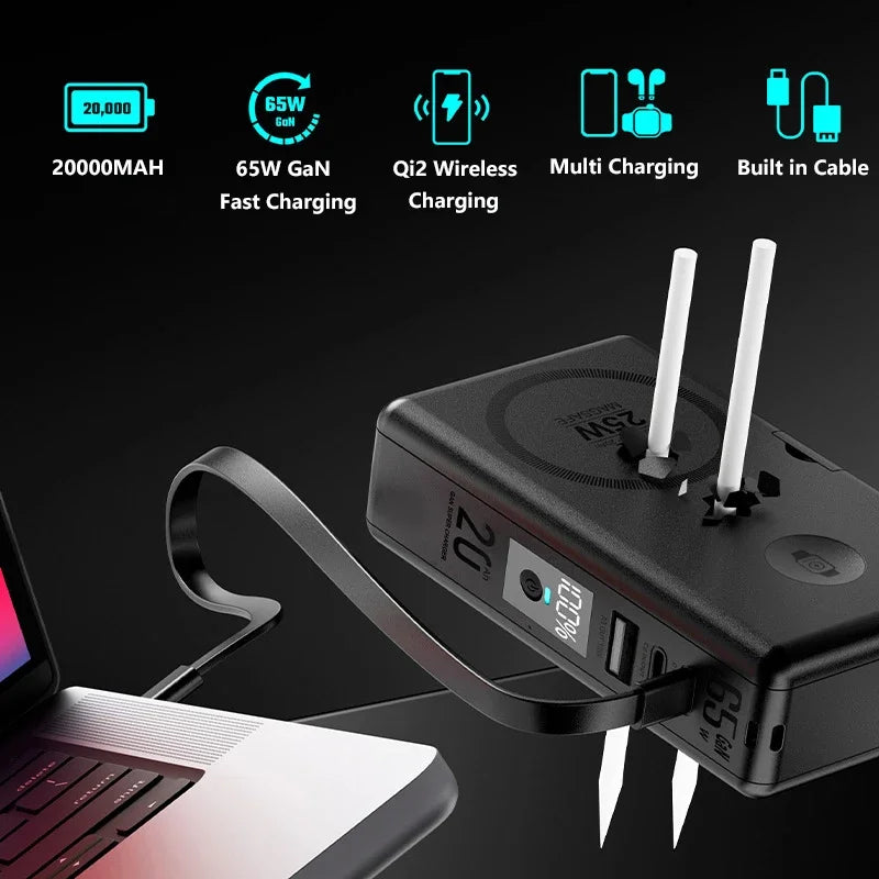 65W GaN USB Type C Charger Power Bank 20000mAh Qi2.2 25W Mag