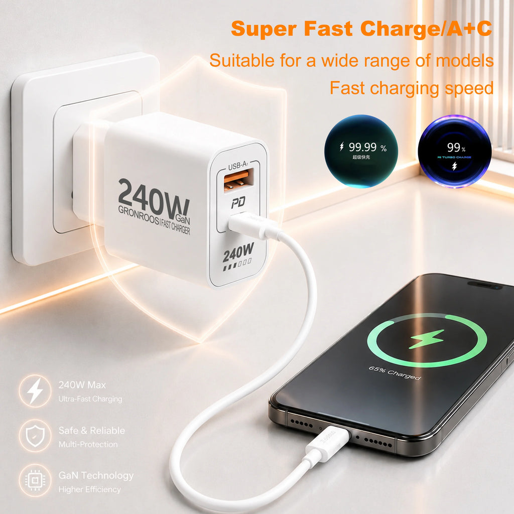 240W GaN PD USB C Charger For iPhone 17 16 15 14 13 12 Pro M