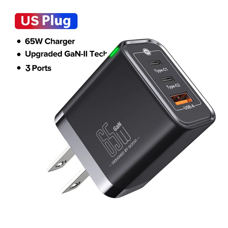 QOOVI 65W GaN Charger USB Type C Fast Charging Quick Charge 4.0 Adapter USB-C PD Charger For Samsung Xiaomi Macbook iPhone ipad