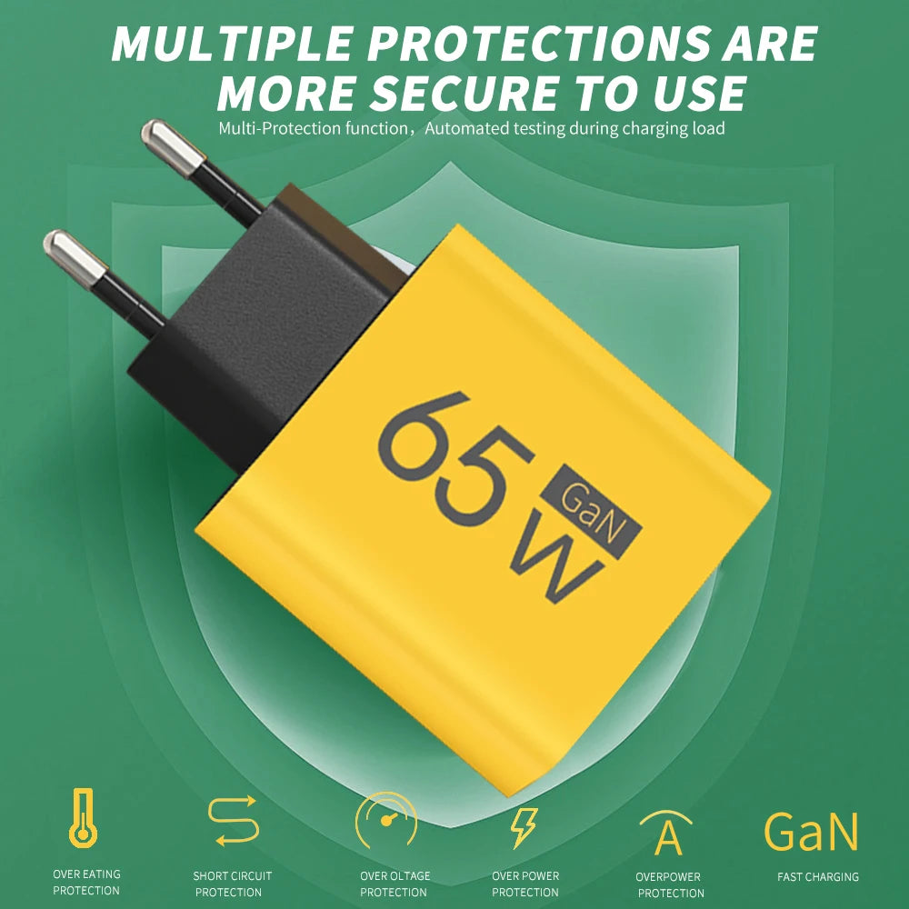65W GaN USB Charger Type C PD 3 Ports Fast Charging Cellphon