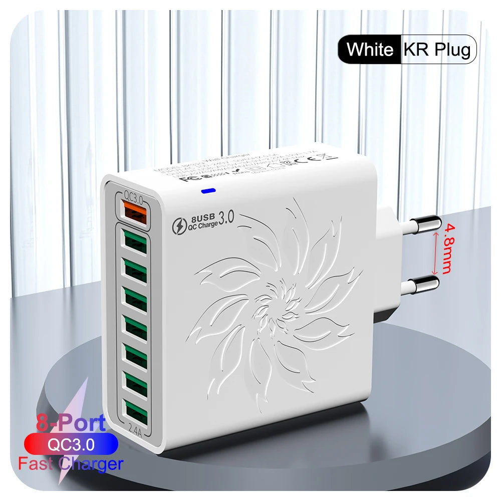 8 in 1 USB QC 5.0 Charger Fast Charging EU/US/KR Plug 65W Quick Charge Power Adapter For iPhone 15 Xiaomi Samsung Travel Charger