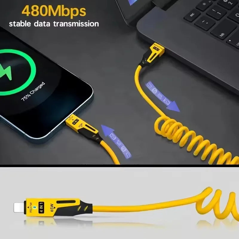4 in 1 65W Spring Short Data Cable 6A USB Type C Spring Tele