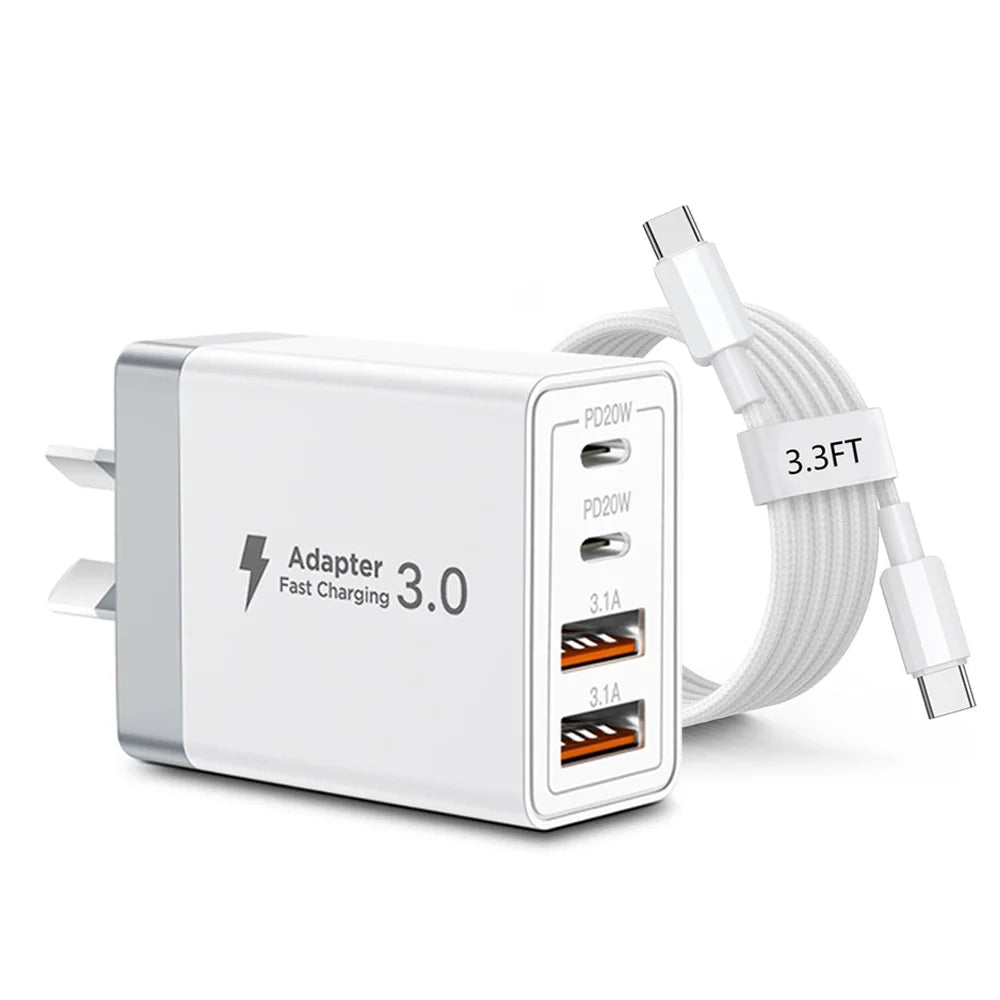 EU/UK/US/AU Plug Multi-Port USB-C/USB-A Wall Charger with Type C Cable 40W Dual PD Fast Charging Block Mobile Phone Adapter