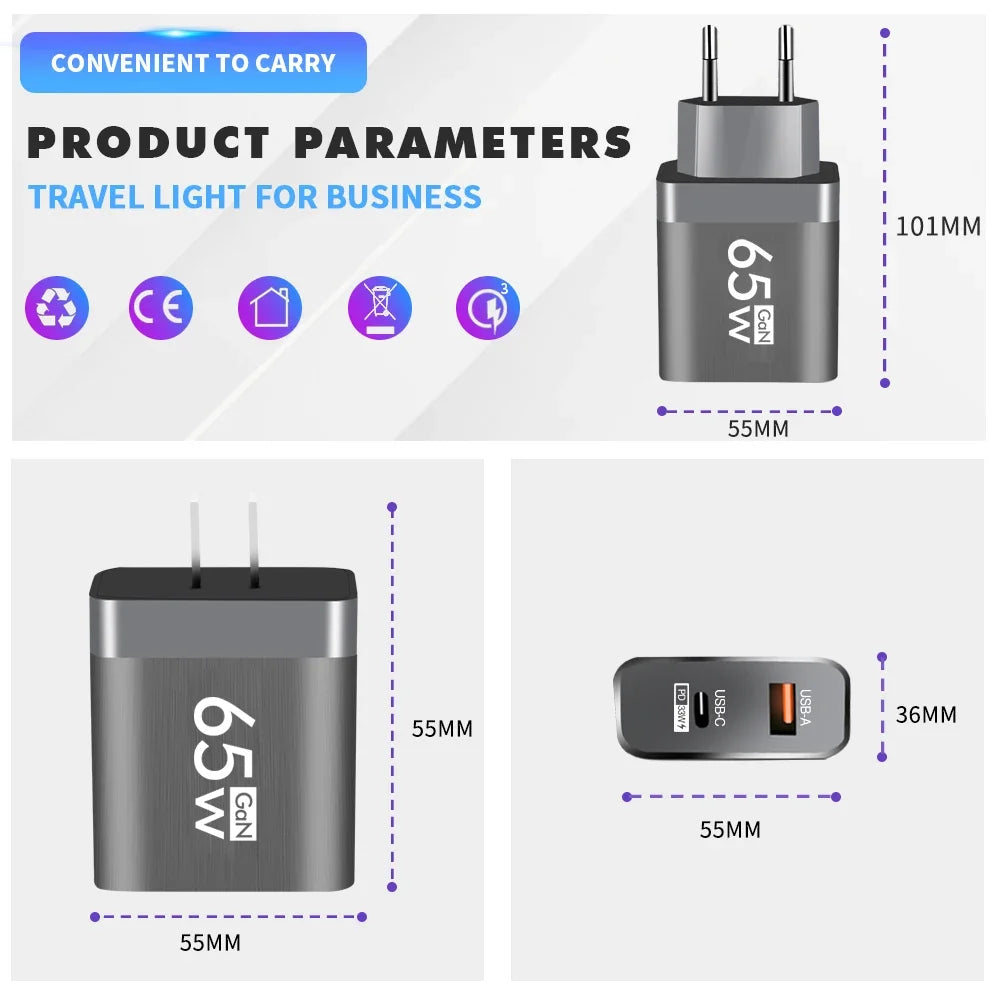 65W Type C USB GaN Charger US/EU Plug Quick Charge For iPhon