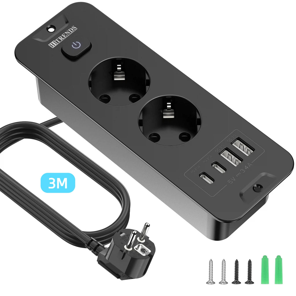 EU Plug Desktop Built-in Power Board 2/3 AC Power Socket 2 USB2 Type-C Charging Adapter Port 2M Extension Cable White Black