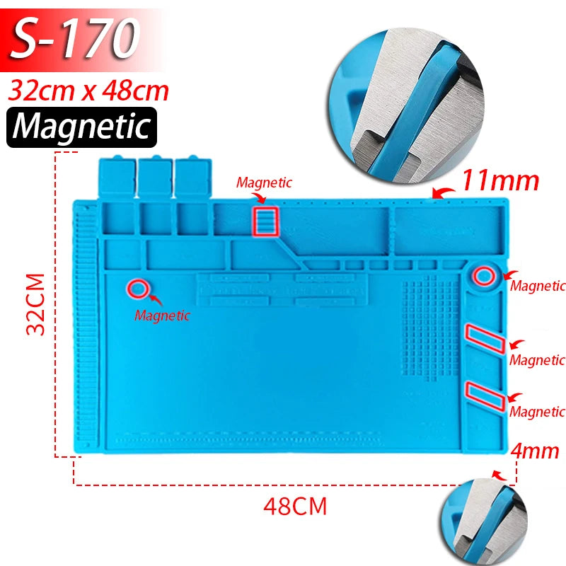 Soldering Station Mat Silicone Work Mat Heat Resistant 932 F Anti-Static Magnetic Mat for Electronic Phone Laptop Watch Repair
