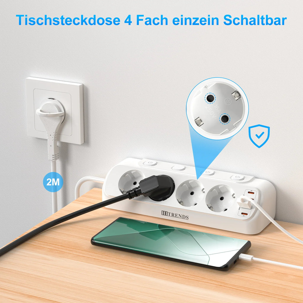 Eu Plug Multi-Function Power Board 2 USB-A and 2 USB-C Fast 