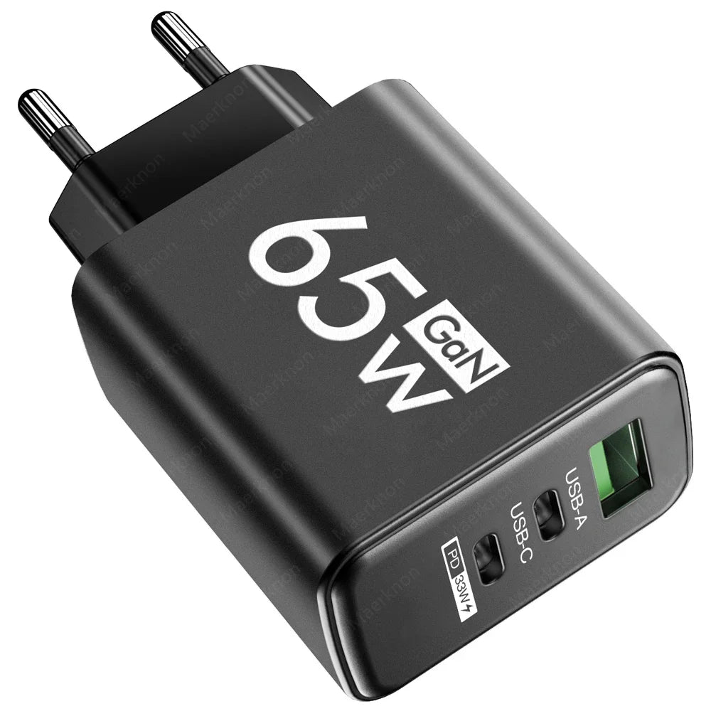 65W 3 Ports USB GaN Charger QC3.0 PD Type Fast Charging EU/US Plug Wall Charger For iPhone Samsung Xiaomi Huawei Phone Charger