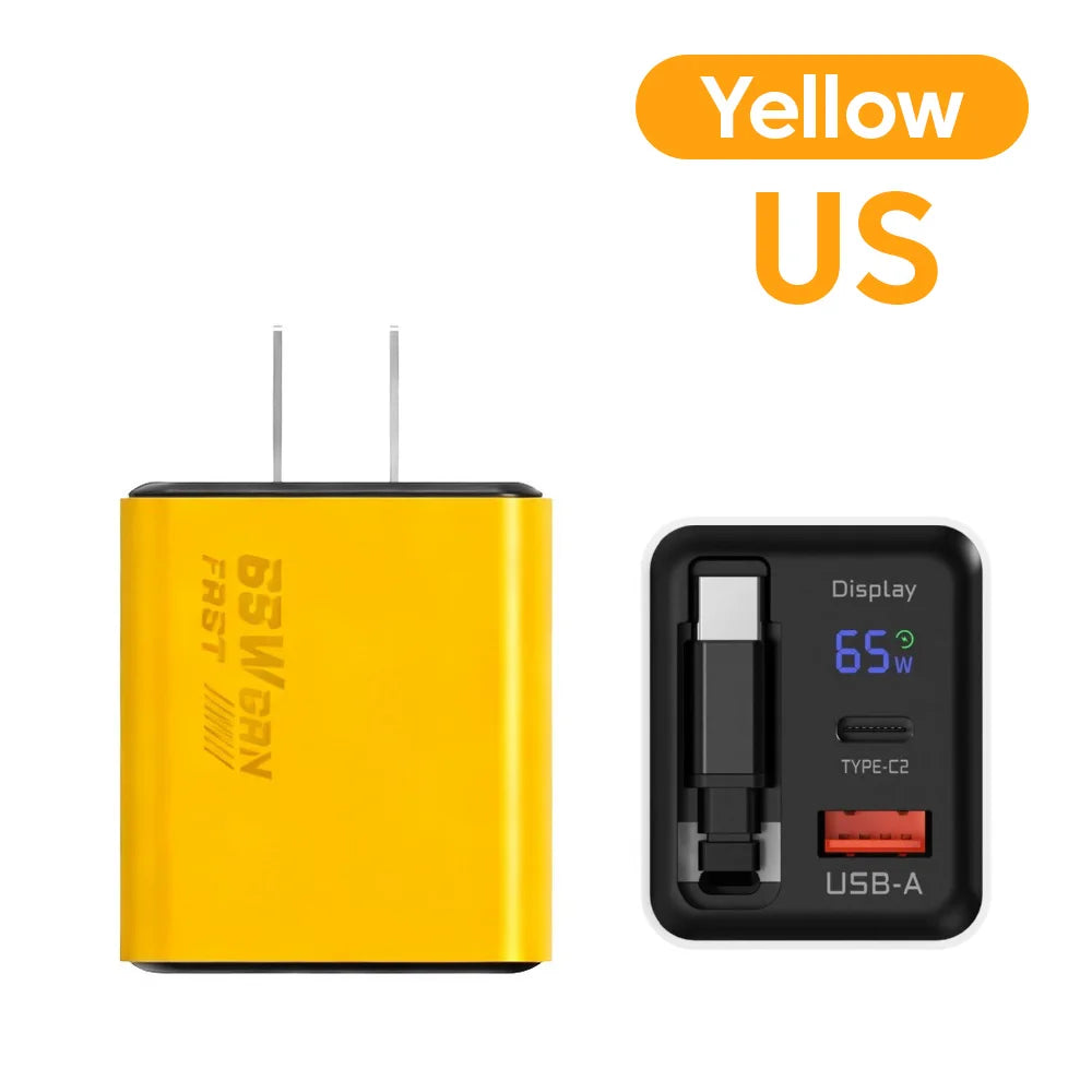 65W GaN USB Phone Charger With Retractable Type C Cable Super Fast Charge Charger Adapter For iPhone 17 Samsung Wall cargadores
