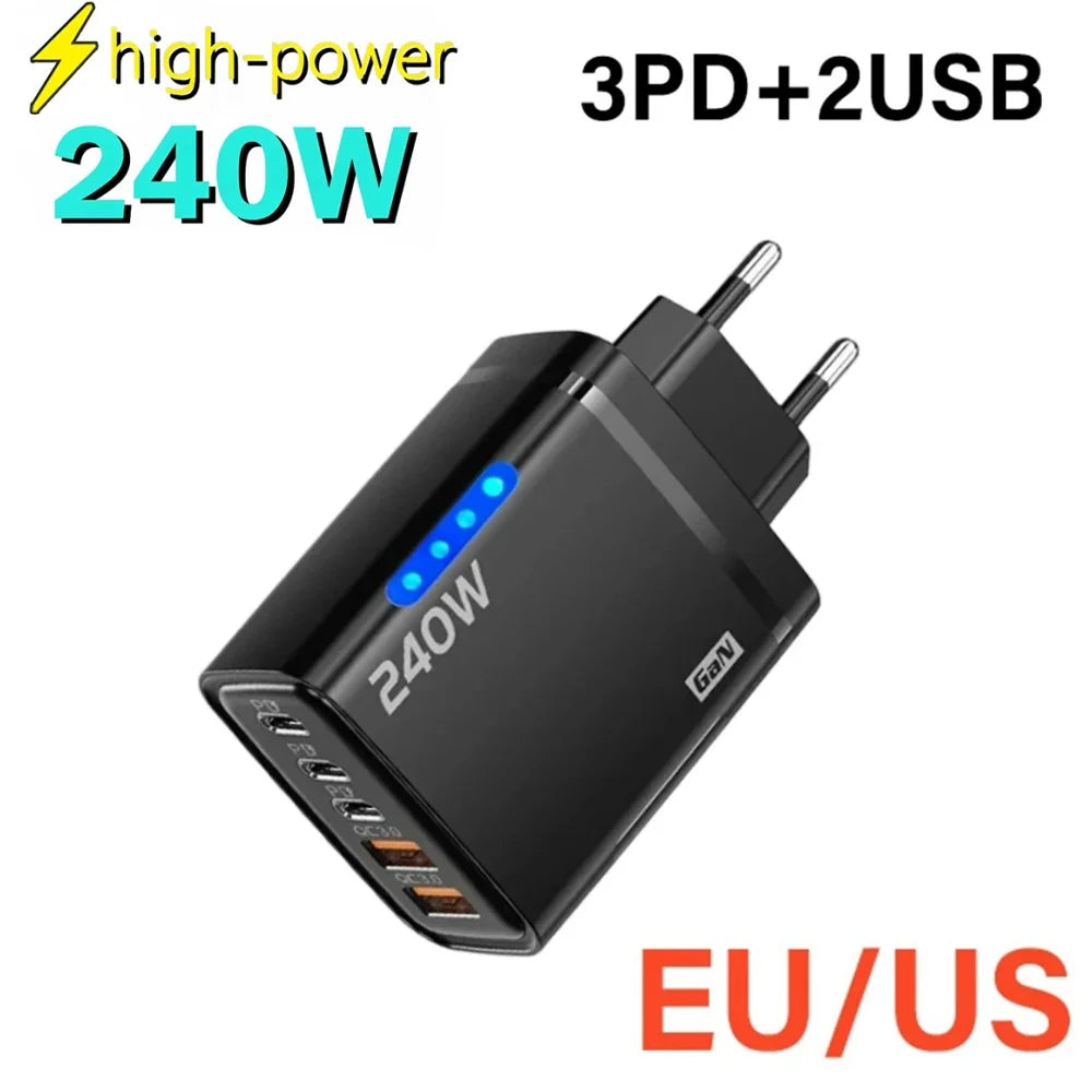 5 Ports USB PD Charger 240W Type C Quick Charge Phone Charge
