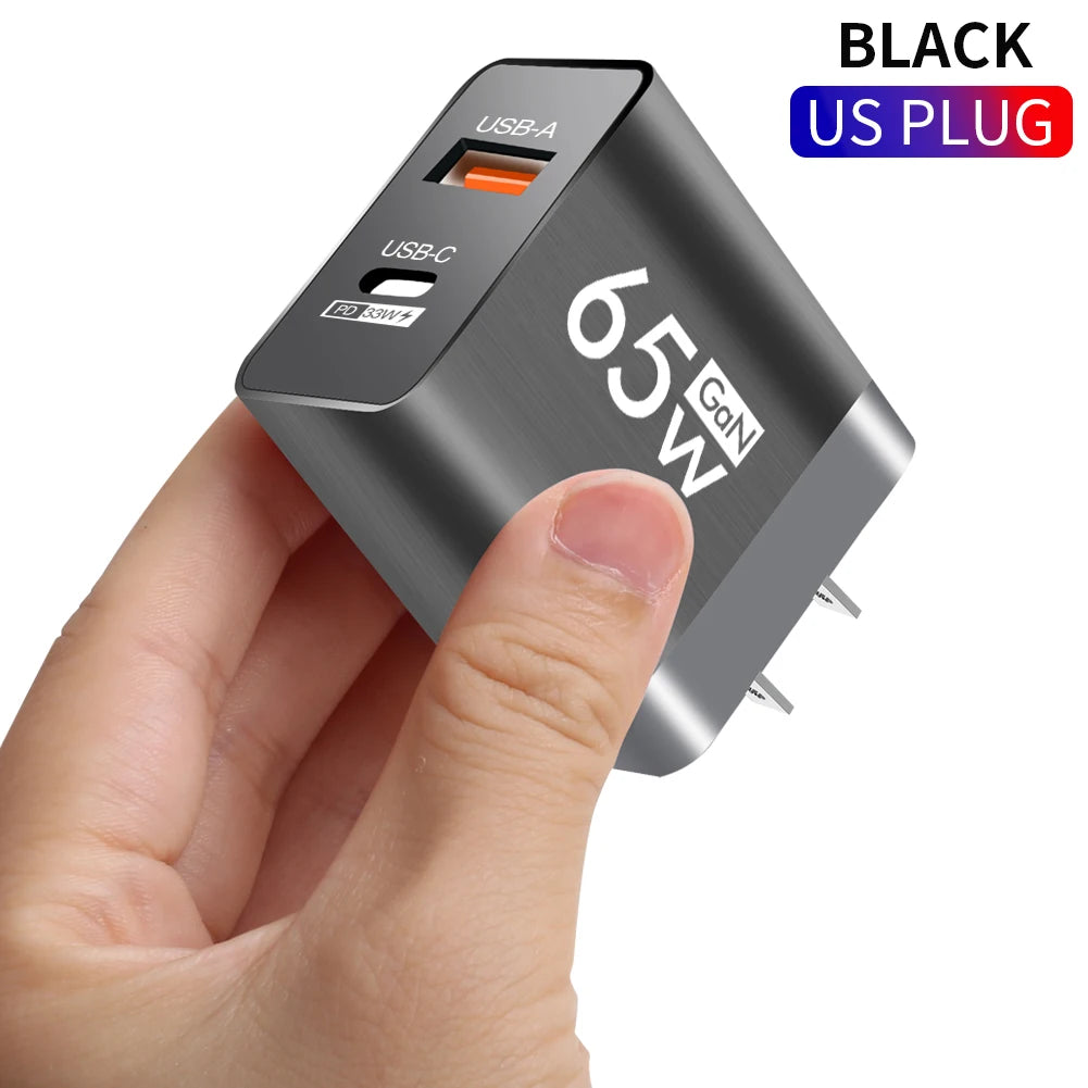 65W Type C USB GaN Charger US/EU Plug Quick Charge For iPhone Xiaomi Samsung Huawei Fast Charging 2 Ports Mobile Phone Adapter