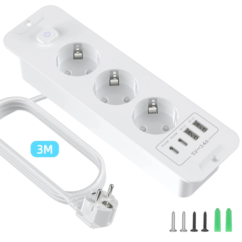 EU Plug Desktop Built-in Power Board 2/3 AC Power Socket 2 USB2 Type-C Charging Adapter Port 2M Extension Cable White Black