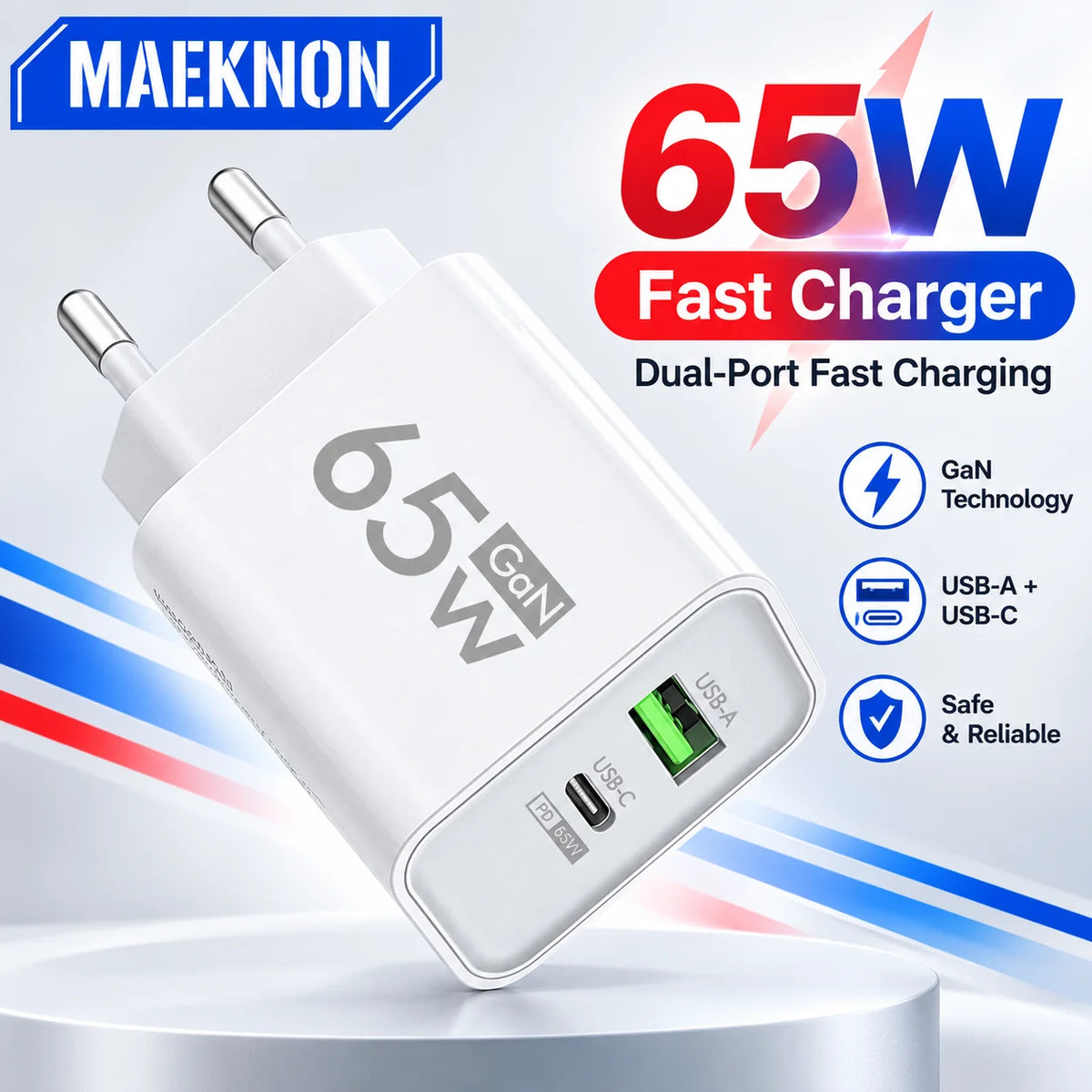 65W GaN USB C Fast Charger Type C Quick Charge Wall Adapter 