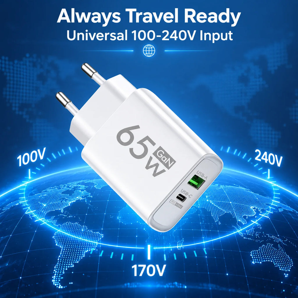 65W GaN USB C Fast Charger Type C Quick Charge Wall Adapter 