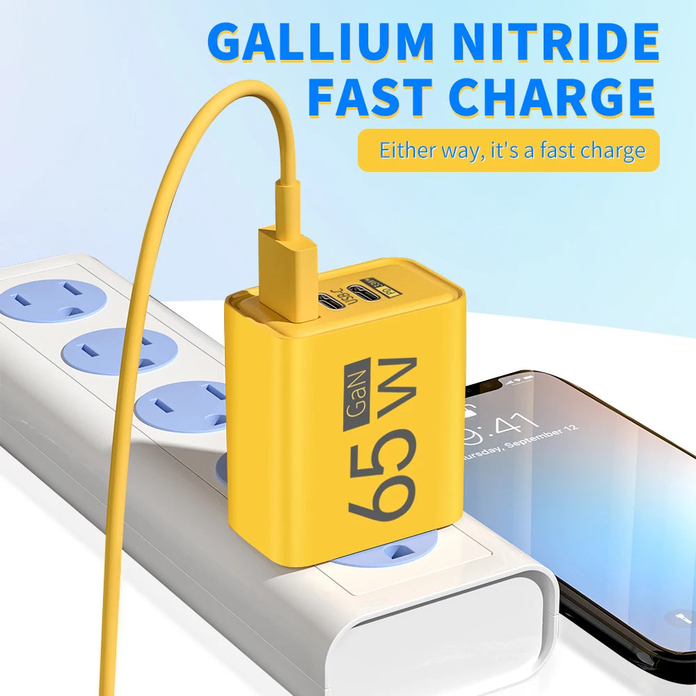 65W GaN USB Charger Type C PD 3 Ports Fast Charging Cellphon