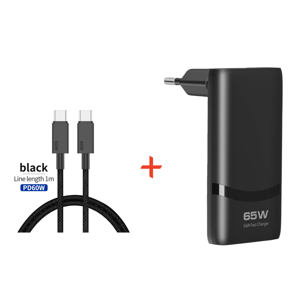 65W GaN 2-port Flat USB-C Wall Charger With USB C Fast Charging Ultra-thin Foldable Plug Suitable For iPhone Xiaomi Samsung