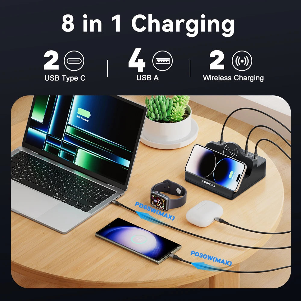 110W 6 Port USB Charger Station Dual Fast Wireless Charging 